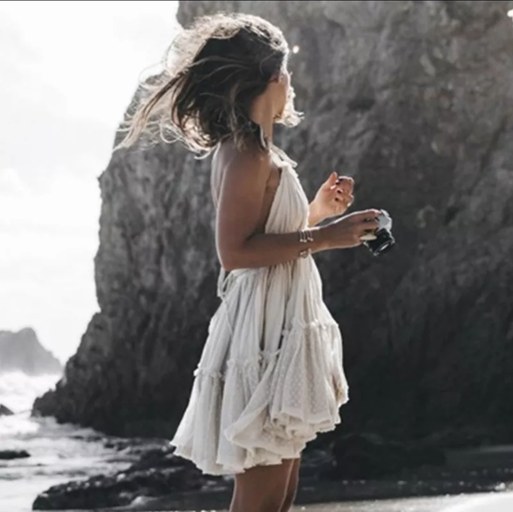 NEW Plunge Halter Dot Ruffle Mini Sundress Summer Off White Cream Ivory - Picture 5 of 12